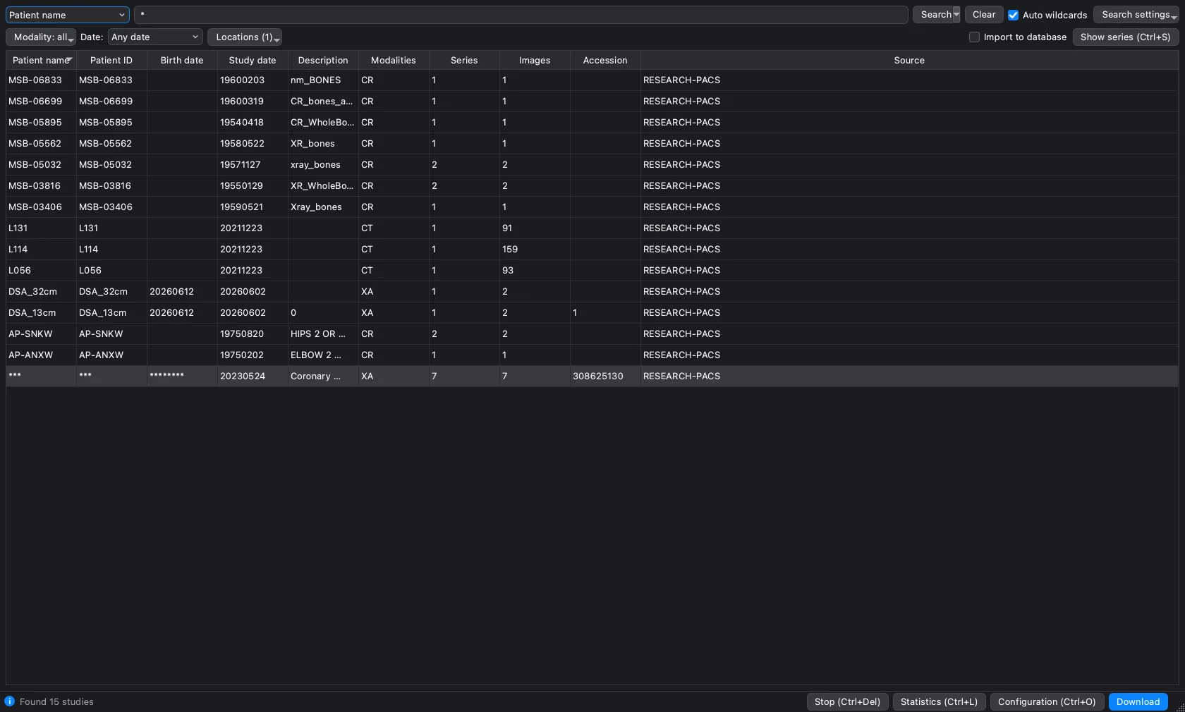 The OmniDICOM PACS search window listing fifteen studies returned by a query, with patient code, study date, description, modality, series and image counts, and the source node named in the last column.